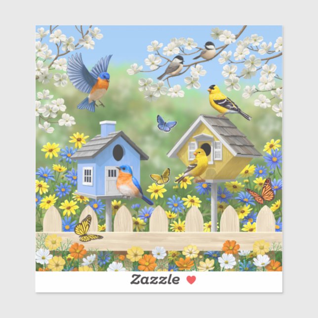 Bluebirds Goldfinches Birdhouses Flower Garden (Sheet)