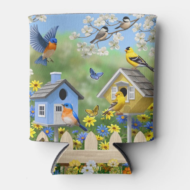 Bluebirds Goldfinches Birdhouses Flower Garden Can Cooler (Front)