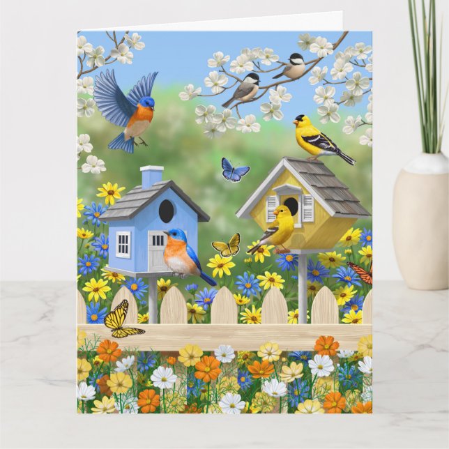 Bluebirds Goldfinches Birdhouses Flower Garden Card (Front)