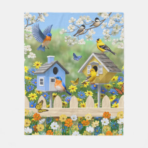 Bluebirds Goldfinches Birdhouses Flower Garden Fleece Blanket
