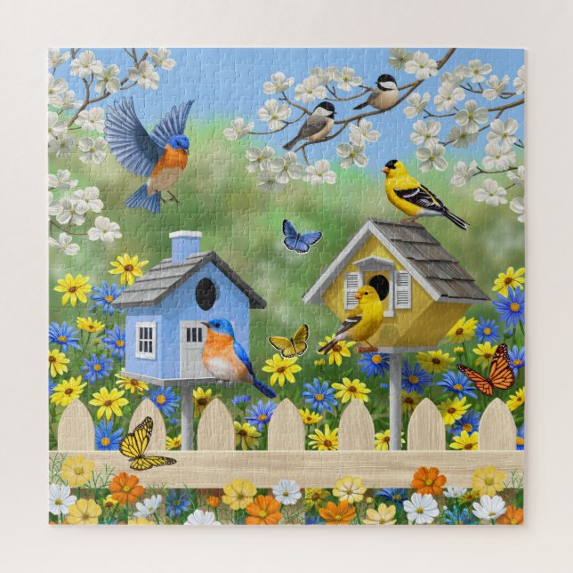 Bluebirds Goldfinches Birdhouses Flower Garden Jigsaw Puzzle (Vertical)