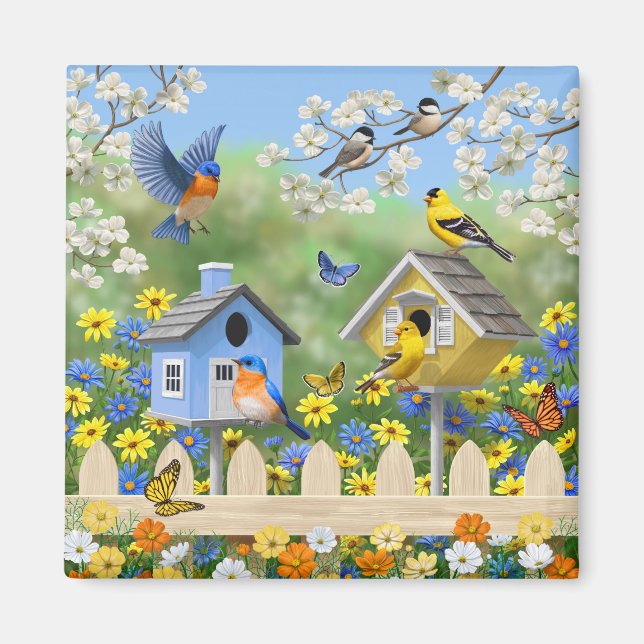 Bluebirds Goldfinches Birdhouses Flower Garden Magnet (Front)