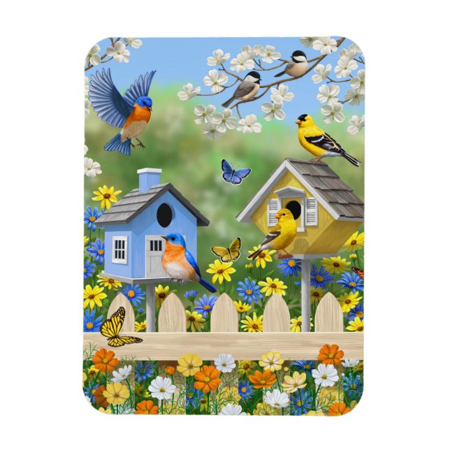 Bluebirds Goldfinches Birdhouses Flower Garden Magnet (Vertical)