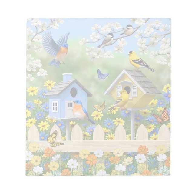 Bluebirds Goldfinches Birdhouses Flower Garden Notepad (Front)