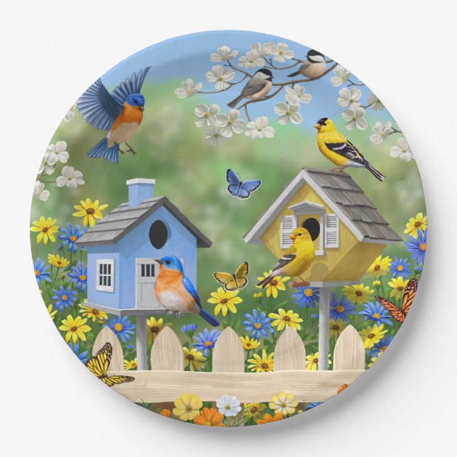 Bluebirds Goldfinches Birdhouses Flower Garden Paper Plate (Front)