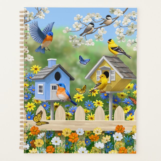 Bluebirds Goldfinches Birdhouses Flower Garden Planner (Front)