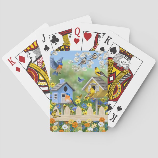 Bluebirds Goldfinches Birdhouses Flower Garden Playing Cards (Back)