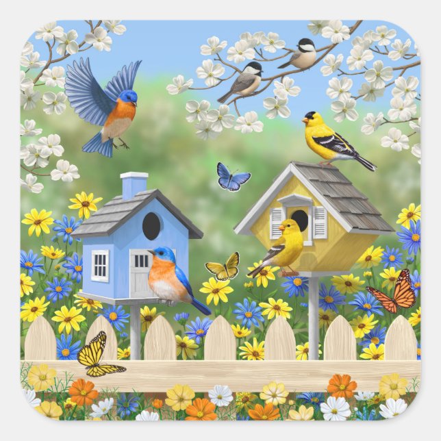 Bluebirds Goldfinches Birdhouses Flower Garden Square Sticker (Front)