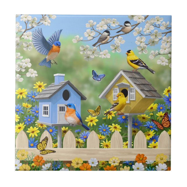 Bluebirds Goldfinches Birdhouses Flower Garden Tile (Front)
