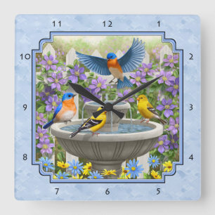 Bluebirds Goldfinches Flower Garden Fountain Blue Square Wall Clock