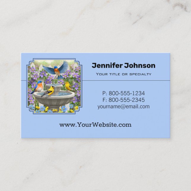 Bluebirds Goldfinches Flower Garden Fountain Business Card (Front)