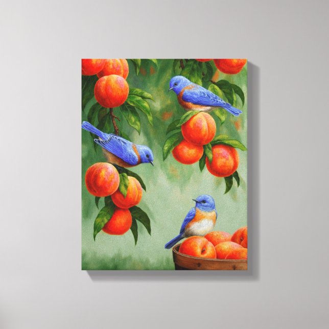 Bluebirds in a Peach Tree Orchard Canvas Print (Front)