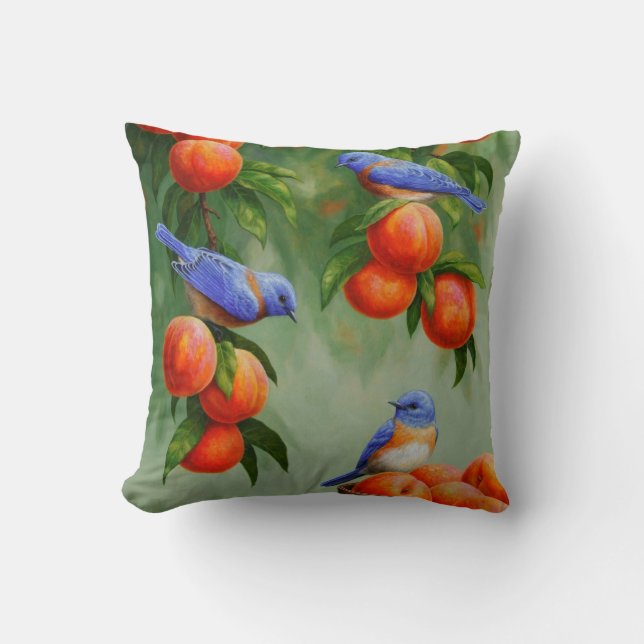 Bluebirds in a Peach Tree Orchard Cushion (Front)