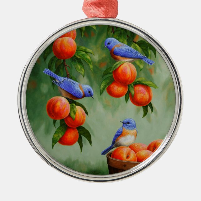 Bluebirds in a Peach Tree Orchard Metal Tree Decoration (Front)