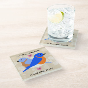 Bluebirds Lovebirds Any Anniversary Year Glass Coaster
