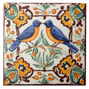 Bluebirds Mediterranean Blue Birds Folk Floral Tile