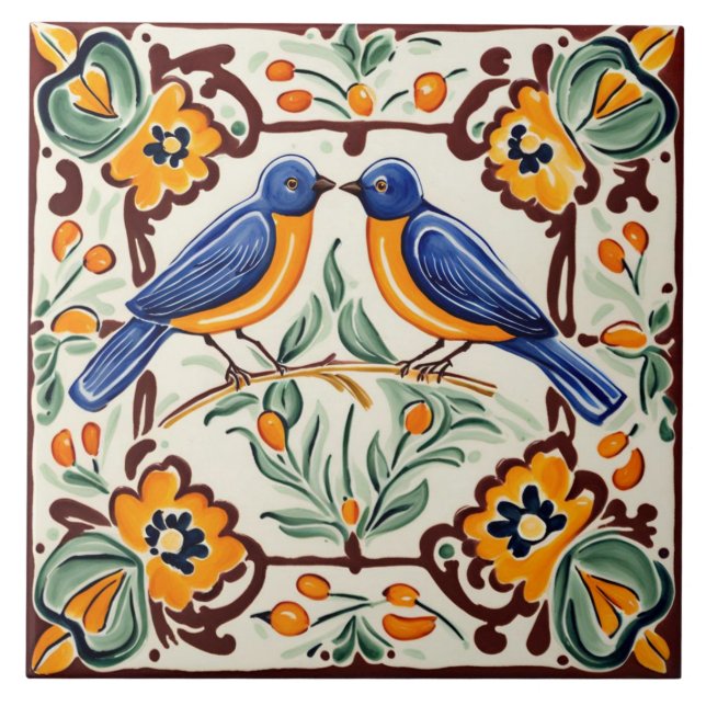 Bluebirds Mediterranean Blue Birds Folk Floral Tile (Front)