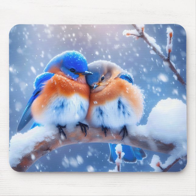 Bluebirds On a Snowy Branch Mouse Mat (Front)