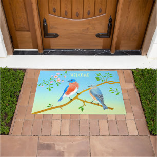 Bluebirds Pale Medium Blue & Green Doormat