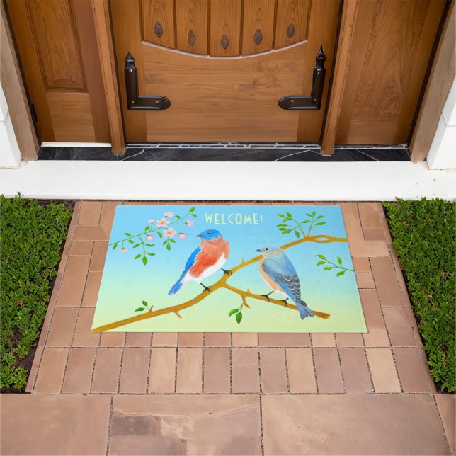 Bluebirds Pale Medium Blue & Green Doormat (Outdoor)