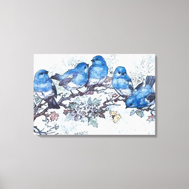 Bluebirds Perched On Cherry Blossom Canvas Print (Front)