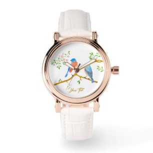 Bluebirds Rose Gold Vintage Watch With White Band