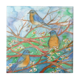 Bluebirds Spring Tree White Watercolor Flowers Tile