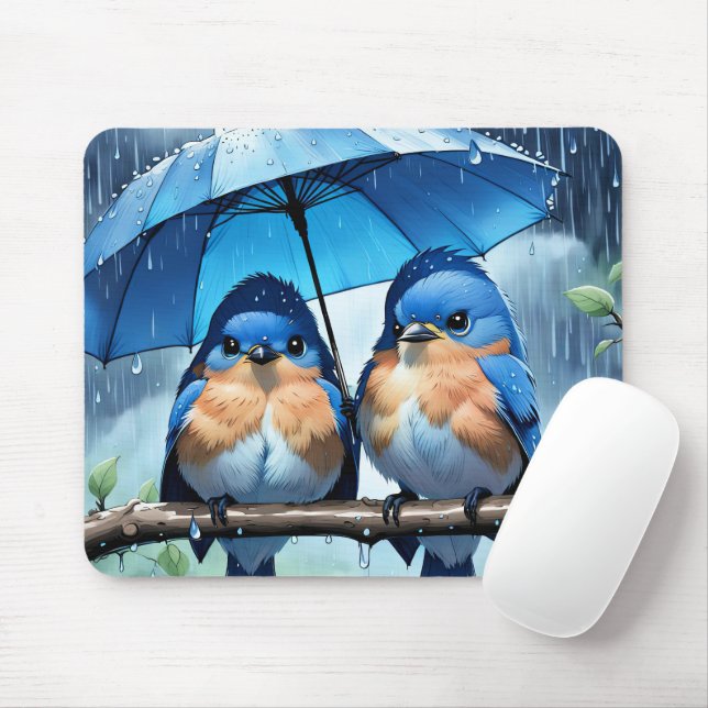 Bluebirds Under an Umbrella Mouse Mat (With Mouse)