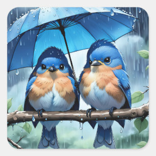 Bluebirds Under an Umbrella Square Sticker