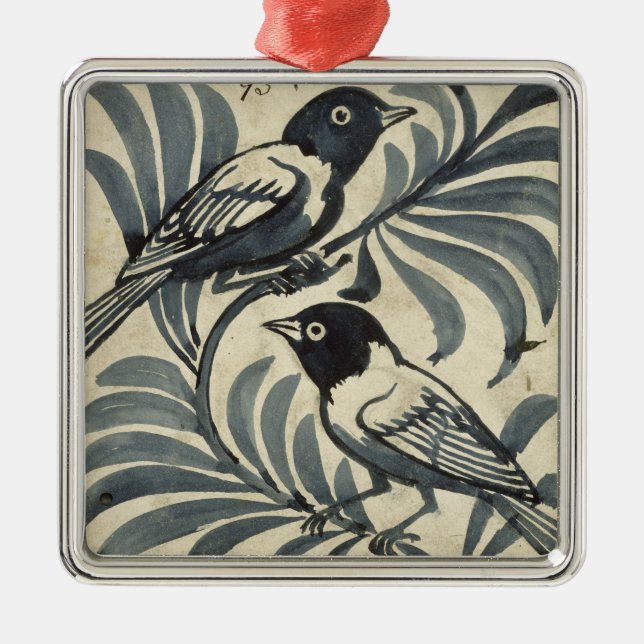 Bluebirds (w/c on paper) metal tree decoration (Front)