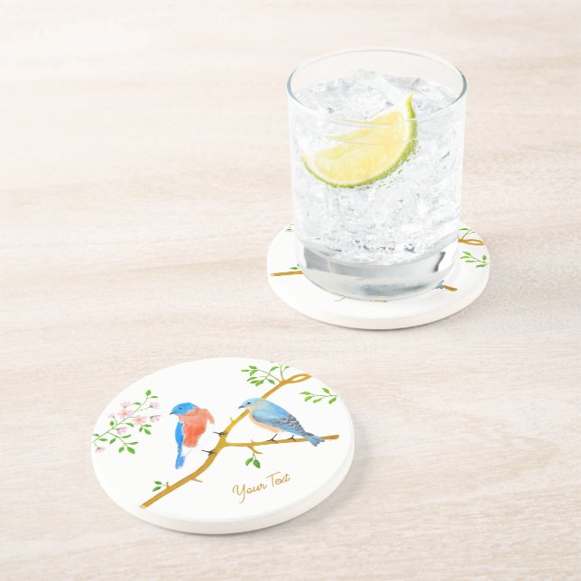 Bluebirds White Sandstone Round Coaster (Side)