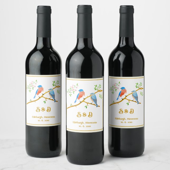 Bluebirds White Wedding Wine Labels (Bottles)