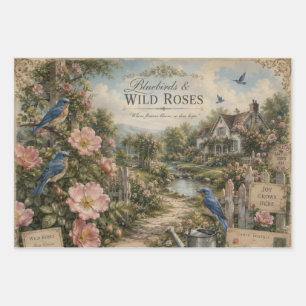 BLUEBIRDS & WILD ROSES GARDEN VINTAGE BOTANICAL WRAPPING PAPER SHEET