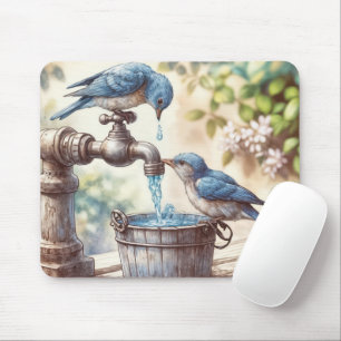 Bluebirds With an Old Faucet and Bucket Mouse Mat