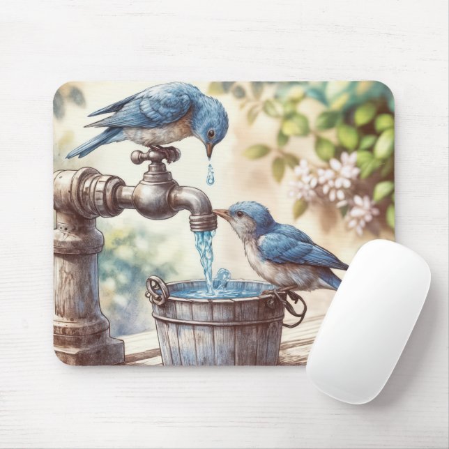 Bluebirds With an Old Faucet and Bucket Mouse Mat (With Mouse)