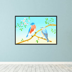 Bluebirds With Yellow & Blue Background & Frame Canvas Print