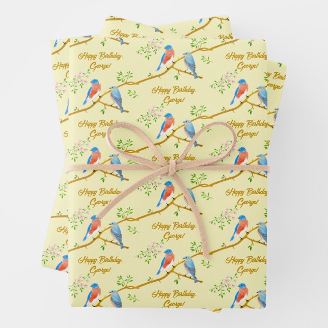 Bluebirds Yellow Wrapping Paper Sheets (In situ)
