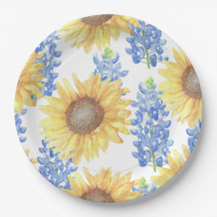 Bluebonnet and Sunflower Paper Plate