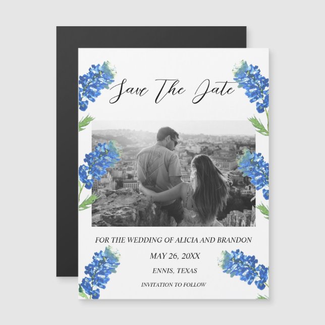Bluebonnet Blue Floral Photo Wedding Script Magnet (Front/Back)