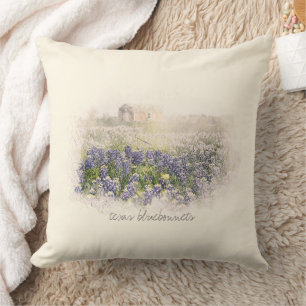 Bluebonnet Field Sketched Watercolor Cushion