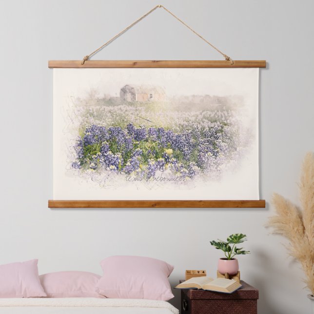 Bluebonnet Field Sketched Watercolor Hanging Tapestry (Bedroom)