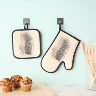 Bluebonnet Field Sketched Watercolor Oven Mitt & Pot Holder Set