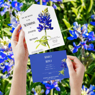Bluebonnet Floral on White, Wedding All In One Invitation