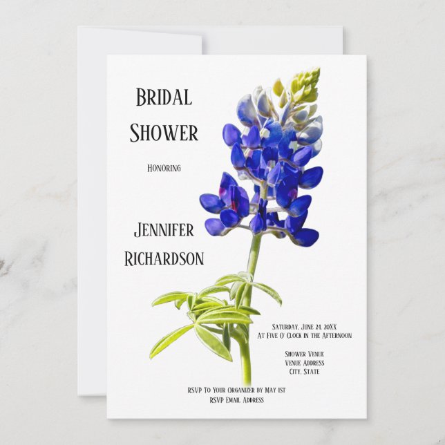 Bluebonnet Floral on White, Wedding Bridal Shower, Invitation (Front)