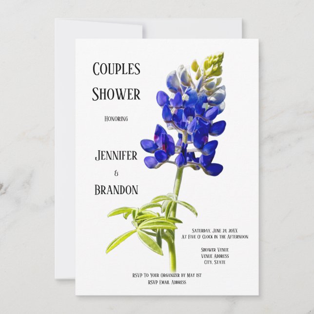 Bluebonnet Floral on White, Wedding Couples Shower Invitation (Front)