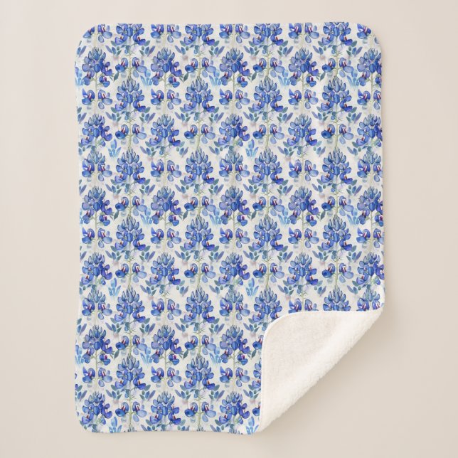 Bluebonnet Floral Pattern Blue and White Sherpa Blanket (Front)