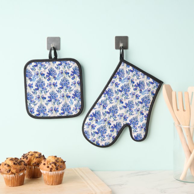 Bluebonnet Texas Wild Flower Pattern Oven Mitt & Pot Holder Set (Insitu(Hanging))