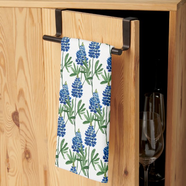 Bluebonnet Texas Wildflower Watercolor Pattern Tea Towel (Thirds Fold)