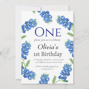 Bluebonnets 1st First Birthday Blue Floral  Invitation