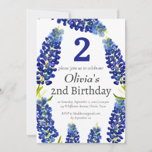 Bluebonnets 2nd Second Birthday Blue Floral Invitation